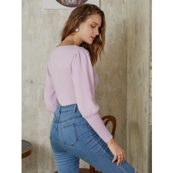 Lilac Puff Sleeve Square Neck Knit Top - Picture 6 of 12